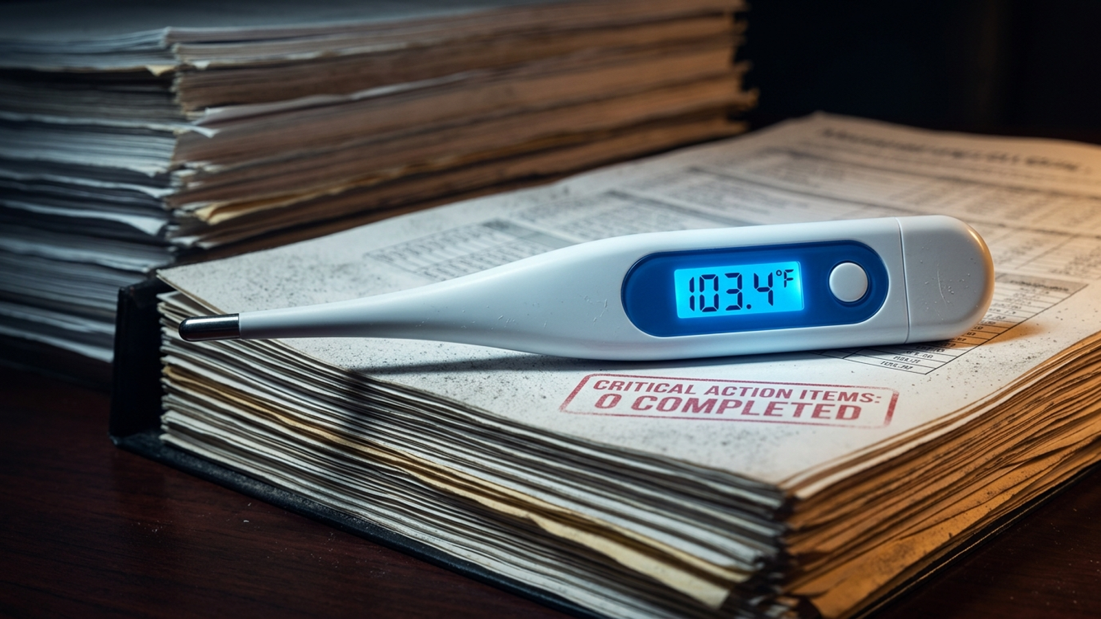 A digital thermometer rests on a stack of untouched audit reports.